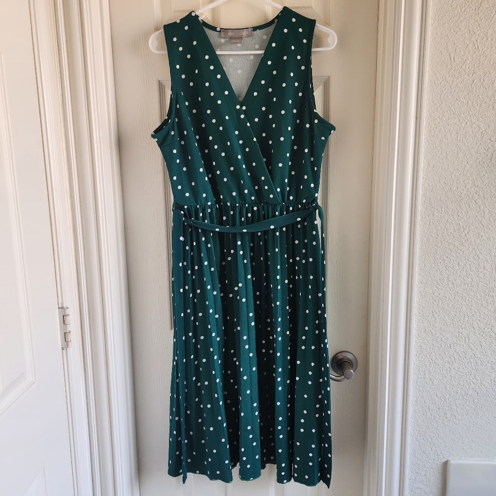 Lark +‎ Grey Polka Dot Pleated Dress Size Large Bright Green Retro Holiday